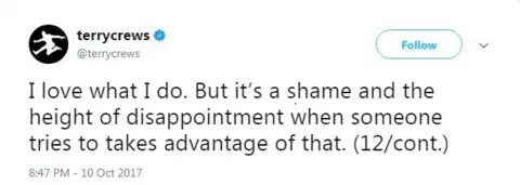 Twitter "I love what I do. But it's a shame and the height of disappointment when someone tries to takes advantage of that. (12/cont.)"