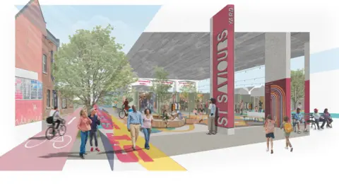Meanwhile Creative An artist's impression of a shopping area, with cycle lanes and a precinct