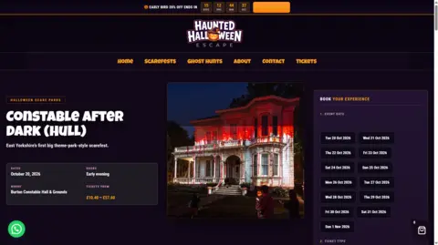 Supplied A screenshot of a website advertising an event. It has a dark blue background, a photo of a house and information including dates, prices and a location.
