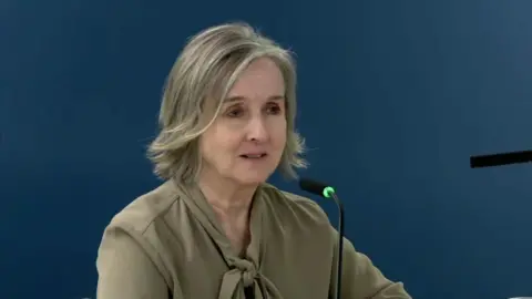 Briege Donaghy, chief executive of the RQIA, speaking at the UK Covid-19 inquiry. She has shoulder length dark grey hair and is wearing a khaki coloured blouse