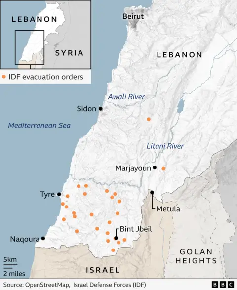 A map showing Israeli Defense Forces evacuation orders in several towns and villages in southern Lebanon, instructing people to move north of the Awali River, which flows into the sea north of Sidon. 