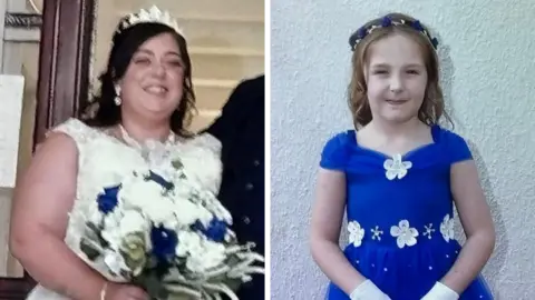 A composite image of Natalie McDonald and Valentina Foster. McDonald is wearing a white wedding dress with a tiara perched on her head. She has long dark hair and is holding a bouquet of white roses with four blue ones dotted within it. Valentina wears an electric blue dress with white flowers on the neckline and waist. She has long light brown hair with a blue and white headband. She is holding a small white basket with white and blue roses and she wears white gloves.