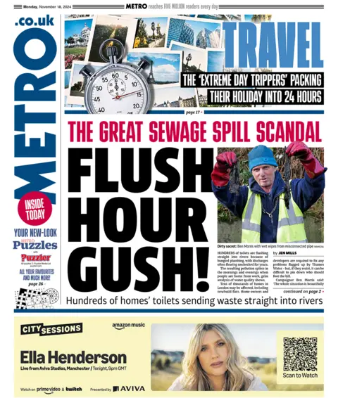 "Flush hr  gush!! headlines the Metro