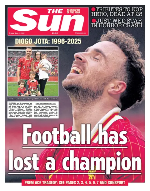 For the Sun, "Football has lost a champion". The "just-wed star" was in a "horror crash", it says. 