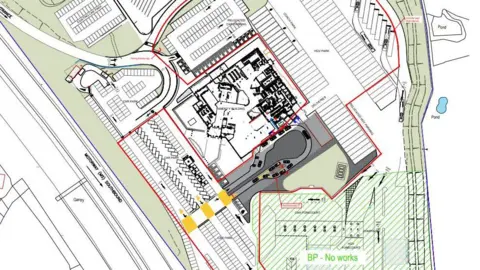 LDRS A map of the plans showing roads, car park spaces and builidngs in the centre.