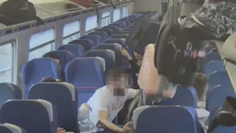 RAIB Passengers try to stop falling luggage.