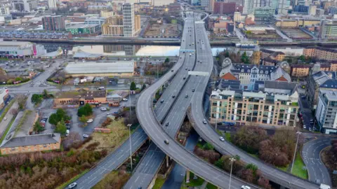 Aerial view of the Kingston Bridge of the River Clyde during the day