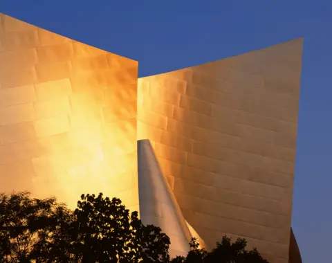 View Pictures/Universal Images Group via Getty Images A golden hour view of the Walt Disney Concert Hall in Los Angeles. The sun reflects off the titanium cladding that is shaped like wings around a curved element. There are the outlines of trees in the foreground, with a blue sky framing the shot.