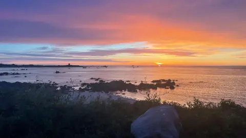 BBC Vibrant sunset over calm water with purple, pink, and orange clouds stretching across the sky. The sun sits low on the horizon, illuminating the water dotted with rocks and small boats, while silhouetted coastal vegetation and a large boulder frame the foreground.