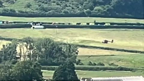 A blurry picture of green fields with the outline of a helicopter visible in the sky