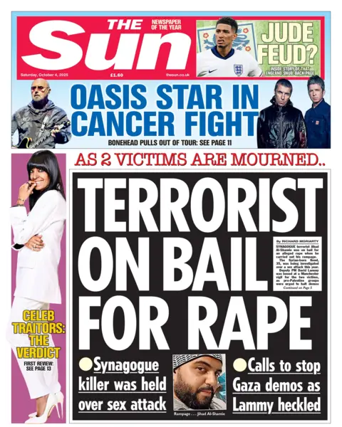 "Terrorist on bail for rape" reads the headline on the front page of The Sun.
