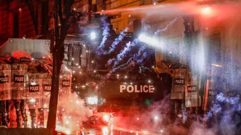 Police use water cannons during Georgian opposition protests in Tbilisi, Georgia, on 2 Dec 2024