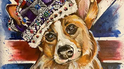 Peterborough Cathedral Painting of corgi wearing a crown