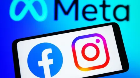 A phone screen with the facebook and instagram logos on it. In the background is the meta logo.