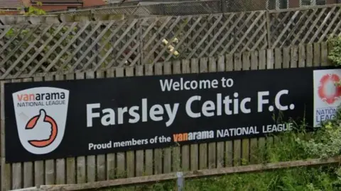 A sign which reads "Welcome to Farsley Celtic FC" outside the club's ground.