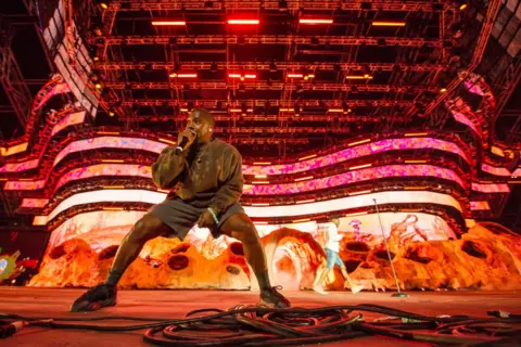 Getty Images Kanye West on stage at the 2019 Coachella Festival
