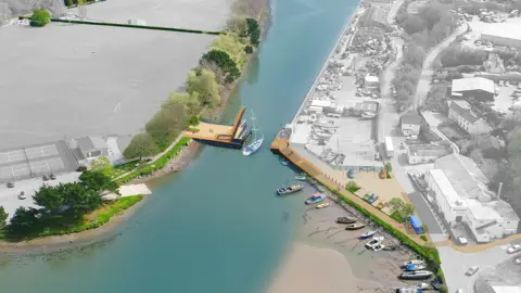 A 3D image showing the plans for the original lifting bridge. A yacht is seen sailing through the gap left behind by the lifting bridge. 