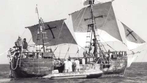 Halls Fine Art  A view of one of Vital Alsar's three galleons from his Atlantic crossing in 1977