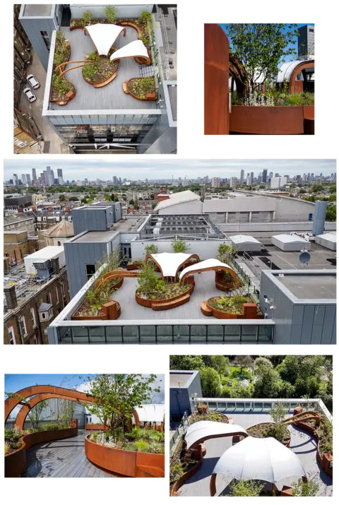 Ariel shots from a drone, combined with other photographs, show the canopies on the rooftop intensive care ward of King's College Hospital, south London