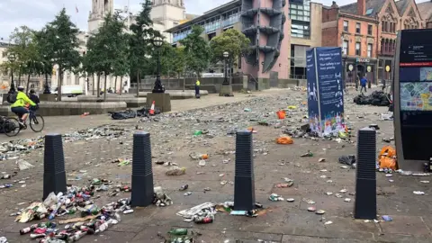 BBC A litter-strewn Millennium Square in Leeds
