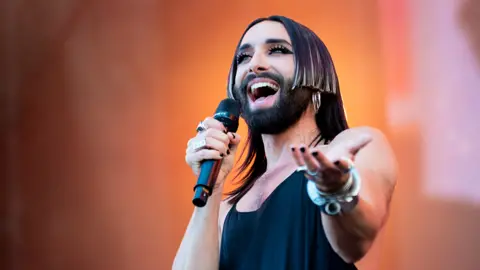 Mark McNulty Conchita Wurst performing at the Eurovision Village in Liverpool in May 2023.