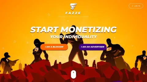 Fazze A web page for Fazze has "start monetizing your individuality" written in big letters. There are two options below - "I am an blogger" and "I am an advertiser". Above is a login button. The page is red and yellow hues, and has the profile of a number of super heroes standing in heroic poses, with social media company logos like Twitter, Facebook and Youtube, on their chests.