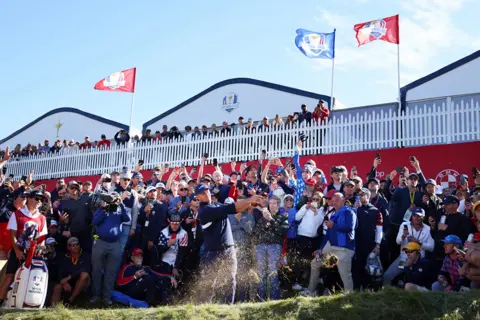 Richard Heathcote Bryson DeChambeau on the ninth hole during the afternoon Fourball Matches at the 43rd Ryder Cup at Whistling Straits, Kohler, Wisconsin, September 2021