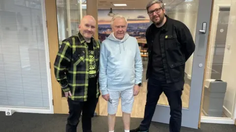 Mark Anselll/BBC Michael Beecroft with documentary makers Ian Mann and Robert Nevitt