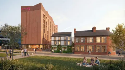 DLA Architecture A computer-generated artist impression of a new hotel proposed for a city. A brown seven-storey building has "Moxy" in pink lettering on the side and is next to normal-sized buildings. At the bottom of the building are long windows which are lit with an yellow hue. A bit of greenery is in front of it with people sitting having a picnic with a dog. Other people are wandering around the area.