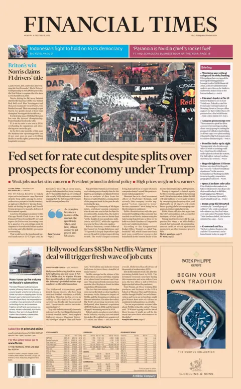 "Fed set for rate cut despite splits over prospects for economy under Trump," reads the headline on the front page of the Financial Times.