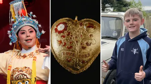 Three images side by side - on the left: A performer in a traditional Chinese opera costume stands on a stage with bright lighting overhead. The outfit includes a cream robe decorated with patterns. The backdrop is red with festival branding faintly visible behind the performer.; in the middle: A small heart-shaped pendant made of gold, bearing red and white floral detail and the inscription "Tovs Iors"; on the right: A 10 year old boy standing in front of an old cream-coloured mini with rust visible.