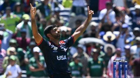 USA bowler Saurabh Netravalkar celebrates victory over Pakistan
