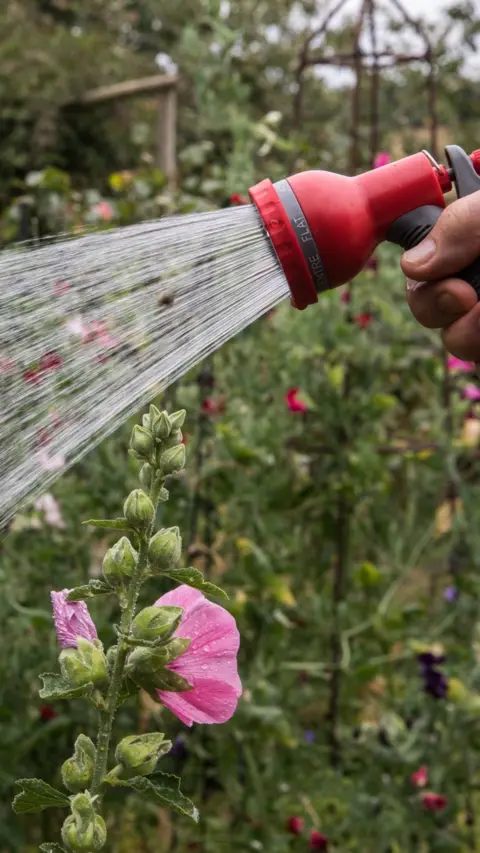 Hosepipe watering a garden with flowers in it. 