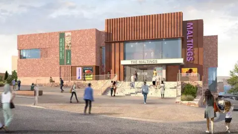 Northumberland County Council A computer generated image of how The Maltings, an arts venue in Berwick, might look once it's rebuilt. It's a brown building made up of two cubed sections with lots of windows above the entrance. People are walking towards it.
