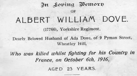 Wheatley Hill History Club Albert Dove's death notice. It reads: 'In loving memory of Albert William Dove. (17766), Yorkshire Regiment, Dearly Beloved Husband of Ada Dove, of 9 Pyman Street, Wheatley Hill, who was killed whilst fighting for his County in France, on October 6th, 1916, Aged 23 Years.'