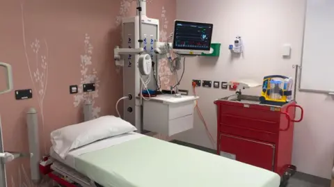 The pictures shows a cubicle on a ward. There's a bed in the middle, with an observation machine behind it, and a red cabinet to the side.