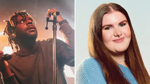 An edited image shows Myles Smith at a microphone and Katie Hudson smiling at the camera