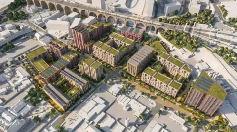 CGI image of the future of Stockport town centre. The image shows new homes beside the town's brick railway viaduct.
