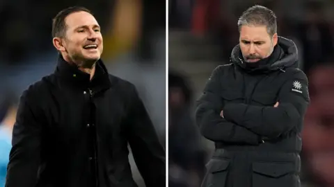 Frank Lampard smiling (left) and Marti Cifuentes with his arms folded looking at the ground (right)