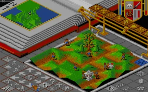 EA An in-game screenshot of Peter Molyneux's first game Populous, showing an overhead view of a field with people in it in retro graphics, and arrows and icons next to it.