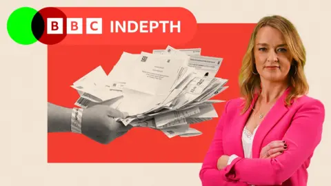 A hand holds ballot papers and Laura Kuenssberg is pictured on the right