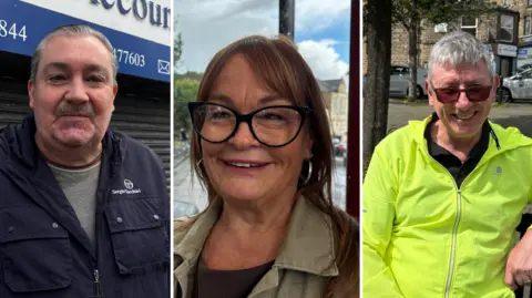 Composite image of three people - a man with brushed-back grey hair wearing a boiler suit, a woman with long brown hair wearing glasses and a man with grey hair, dark glasses and a hi-vis running jacket.