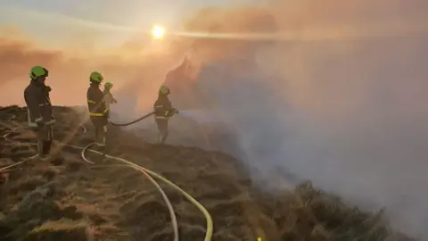 Four fire fighters in a field are holding hoses into thick clouds of smoke, with sunshine beaming through.