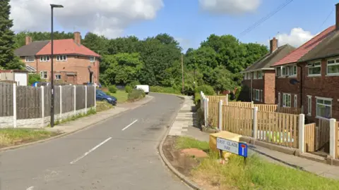 Google street view image of a residential close. There are only  few houses before the road turns a corner. There are trees lining the far side of the road.