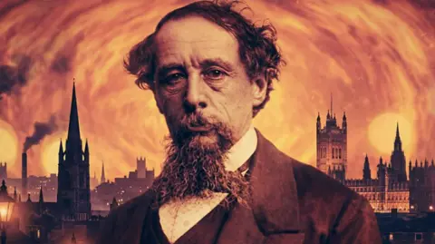 A sepia-toned image of Charles Dickens, a Victorian man with a long beard. Tall buildings with spires are in the background.