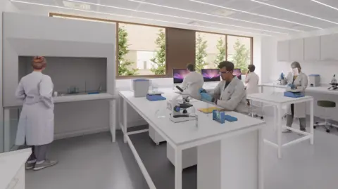 Scientists in white coats in a pristine white laboratory with test tubes, microscopes and computer screens. Two scientists are carrying out experiments on a white tables, two more are looking at computer screens. Trees and shrubs can be seen through a large window at the back of the lab.