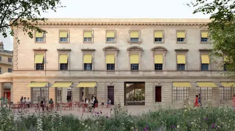 Fashion Museum Bath An artist's impression of the new fashion museum in Bath. It is a beige regency building with tables outside and flowers in the foreground.