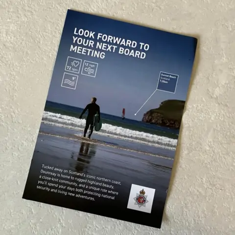 The flier shows a surfer carrying his board along a beach towards the sea. Words on the flier read: "Look forward to your next board meeting".