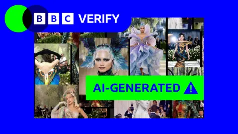 A composite image of several AI-generated images of celebrities at the 2026 Met Gala, including Zendaya, Nicki Minaj and Meghan Trainor. There is a BBC Verify logo in the top left-hand corner.