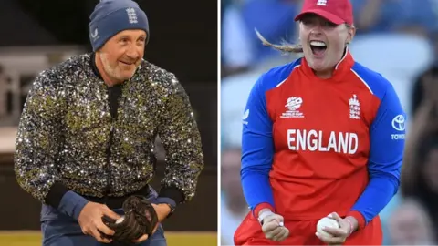 Split image of England's fielding coach in a sparkly jacket and Sophie Ecclestone roaring with delight after a catch